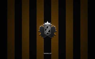logotipo de skelleftea aik, equipo sueco de hockey sobre hielo, shl, fondo de carbono negro amarillo, emblema de skelleftea aik, hockey sobre hielo, skelleftea aik, suecia, logotipo de metal plateado de skelleftea aik