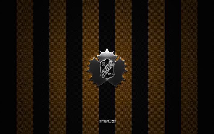 Skelleftea AIK logo, Swedish ice hockey team, SHL, yellow black carbon background, Skelleftea AIK emblem, ice hockey, Skelleftea AIK, Sweden, Skelleftea AIK silver metal logo