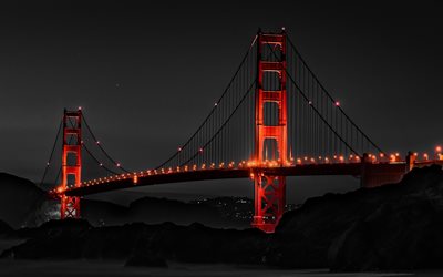 ゴールデンゲートブリッジ, 4k, 夜景, 赤い橋, アメリカのランドマーク, アメリカの観光名所, サンフランシスコ, アメリカ合衆国, アメリカ, 夜のゴールデン ゲート ブリッジ