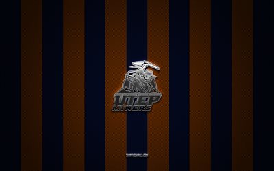 UTEP Miners logo, American football team, NCAA, blue orange carbon background, UTEP Miners emblem, football, UTEP Miners, USA, UTEP Miners silver metal logo