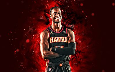 AJ Griffin, 4k, red neon lights, Atlanta Hawks, NBA, basketball, AJ Griffin 4K, red abstract background, AJ Griffin Atlanta Hawks