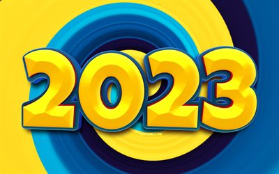 4k, 2023년 새해 복 많이 받으세요, 추상 소용돌이, 노란색 3d 숫자, 2023년 컨셉, 2023 3d 숫자, 창의적인, 삽화, 2023 화려한 배경, 2023년