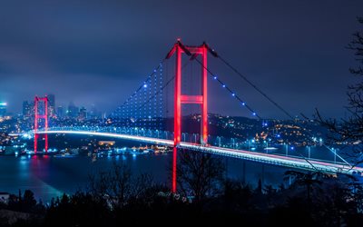 pont du bosphore, istanbul, nuit, pont suspendu, pont des martyrs du 15 juillet, premier pont, détroit du bosphore, paysage urbain d'istanbul, turquie, ponts