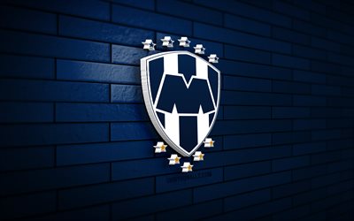 cf monterrey logo 3d, 4k, muro di mattoni blu, liga mx, calcio, squadra di calcio messicana, cf monterrey logo, cf monterrey emblema, cf monterrey, logo sportivo, monterrey fc