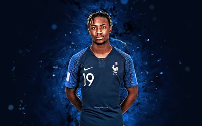 Brandon Soppy, 4k, blue neon lights, France National Football Team, soccer, footballers, blue abstract background, French football team, FFF, Brandon Soppy 4K
