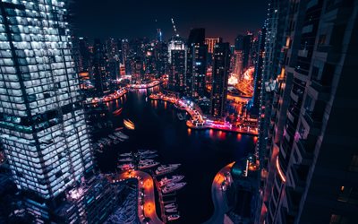 Dubai Marina, 4k, harbor, nightscapes, embankment, modern buildings, Dubai, UAE, Dubai at night, Dubai panorama, United Arab Emirates, Dubai cityscape