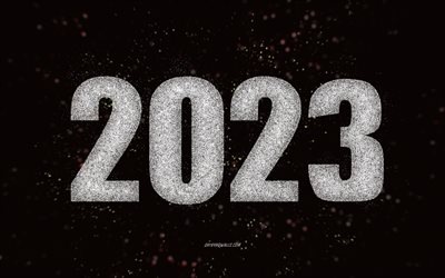 White 2023 background, 4k, Happy New Year 2023, glitter art, 2023 white glitter background, 2023 concepts, 2023 Happy New Year, white lights, 2023 white template