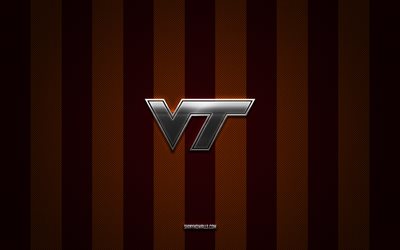 Virginia Tech Hokies logo, American football team, NCAA, red orange carbon background, Virginia Tech Hokies emblem, football, Virginia Tech Hokies, USA, Virginia Tech Hokies silver metal logo