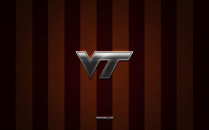 virginia tech hokies-logo, american-football-team, ncaa, rot-orangeer kohlenstoffhintergrund, virginia tech hokies-emblem, fußball, virginia tech hokies, usa, virginia tech hokies-silbermetalllogo