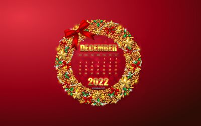 2022年12月のカレンダー, 4k, ゴールデン クリスマス フレーム, 12月, クリスマス, 赤い背景, 2022年のコンセプト, クリスマスリース, 赤いクリスマス テンプレート