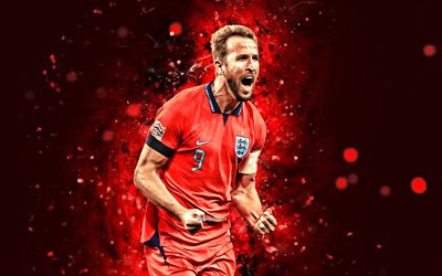 Harry Kane, 4k, red neon lights, England National Football Team, soccer, footballers, red abstract background, English football team, Harry Kane 4K