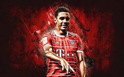 Jamal Musiala, FC Bayern Munich, German soccer player, attacking midfielder, portrait, red stone background, football, Bundesliga, Germany