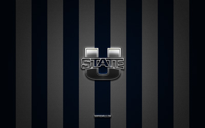 Utah State Aggies logo, American football team, NCAA, blue white carbon background, Utah State Aggiesemblem, football, Utah State Aggies, USA, Utah State Aggies silver metal logo