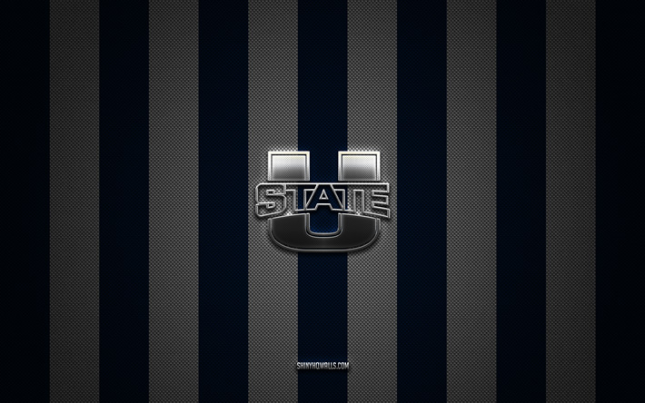 Utah State Aggies logo, American football team, NCAA, blue white carbon background, Utah State Aggiesemblem, football, Utah State Aggies, USA, Utah State Aggies silver metal logo