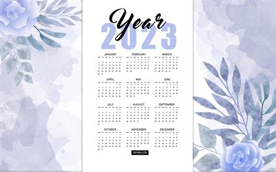 calendrier 2023, 4k, bleu vintage fleurs, 2023 calendrier floral, 2023 tous les mois calendrier, bleu floral fond, 2023 concepts, bleu fleurs fond