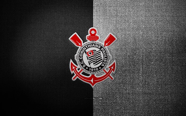 Corinthians badge, 4k, black white fabric background, Brazilian Serie A, Corinthians logo, Corinthians emblem, sports logo, Brazilian football club, Corinthians Paulista, soccer, football, Corinthians FC