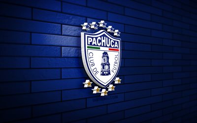 cf pachuca 3d-logo, 4k, blaue ziegelwand, liga mx, fußball, mexikanischer fußballverein, cf pachuca-logo, cf pachuca-emblem, cf pachuca, sportlogo, pachuca fc