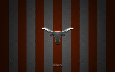 Texas Longhorns logo, American football team, NCAA, orange white carbon background, Texas Longhorns emblem, football, Texas Longhorns, USA, Texas Longhorns silver metal logo