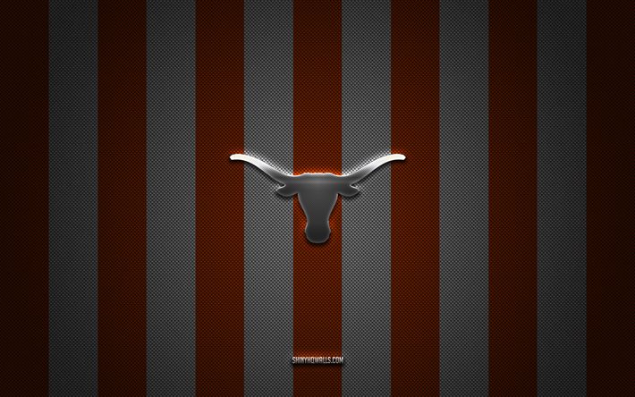 texas longhorns logosu, amerikan futbol takımı, ncaa, turuncu beyaz karbon arka plan, texas longhorns amblemi, futbol, ​​texas longhorns, abd, texas longhorns gümüş metal logosu