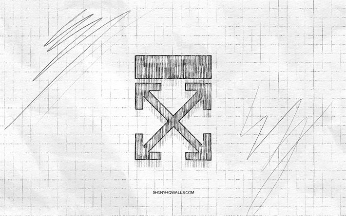 Off-white sketch logo, 4K, checkered paper background, Off-white black logo, fashion brands, logo sketches, Off-white logo, pencil drawing, Off-white