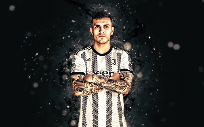 Leandro Paredes, 4k, white neon lights, Juventus FC, soccer, Serie A, argentine footballers, Leandro Paredes 4K, black abstract background, football, Juve, Leandro Paredes Juventus FC