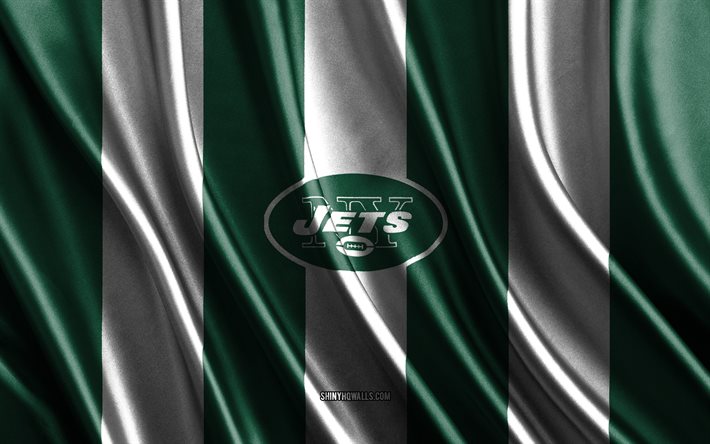 new york jets, nfl, trama di seta bianca verde, bandiera dei new york jets, squadra di football americano, national football league, football americano, bandiera di seta, emblema dei new york jets, usa, distintivo dei new york jets