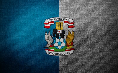 Coventry City FC badge, 4k, blue white fabric background, EFL Championship, Coventry City FC logo, Coventry City FC emblem, sports logo, english football club, Coventry City, soccer, football, Coventry City FC