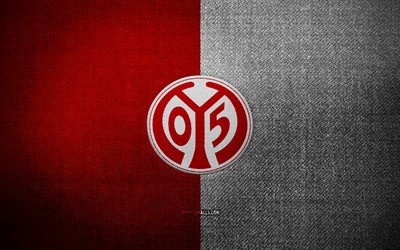 fsv mainz 05 badge, 4k, sfondo del tessuto bianco rosso, bundesliga, fsv mainz 05 logo, fsv mainz 05 emblem, logo sportivo, squadra di calcio tedesco, fsv mainz 05, calcio, mainz 05 fc