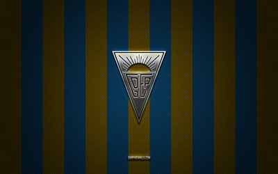 gdエストリルプライアロゴ, ポルトガルフットボールクラブ, プライミラリーガ, 青色の黄色の炭素の背景, gdエストリルプライアエンブレム, フットボール, gdエストリルプライア, ポルトガル, gdエストリルプライアシルバーメタルロゴ
