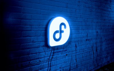 fedora neon logo, 4k, blue brickwall, grunge art, linux, creative, logo on wire, fedora blue logo, fedora logo, fedora linux, illustration, fedora
