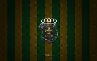 fc pacos de ferreira logo, portugais football club, primeira liga, green yellow carbon background, fc pacos de ferreira emblem, football, fc pacos de ferreira, portugal, fc pacos de ferreira silver metal logo