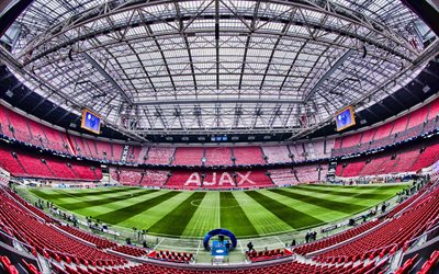 4k, johan cruijff arena, inside view, fußballfeld, rote stands, afc ajax stadium, amsterdam, niederlande, fußballstadion, afc ajax