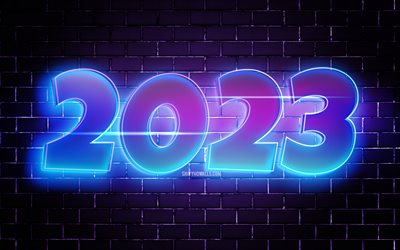 2023 mutlu yıllar, 4k, violet brickwall, mavi neon rakamlar, 2023 kavramlar, mutlu yıllar 2023, yaratıcı, 2023 menekşe arka plan, 2023 yıl, 2023 neon rakam