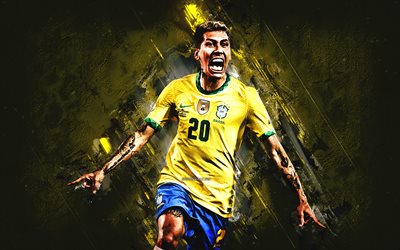 roberto firmino, équipe nationale de football du brésil, footballeur brésilien, milieu de terrain attaquant, fond jaune en pierre, brésil, football