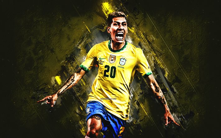 Roberto Firmino, Brazil national football team, Brazilian footballer, attacking midfielder, yellow stone background, Brazil, football