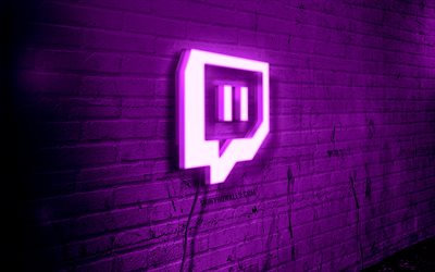 twitch neon logo, 4k, violet brickwall, grunge art, creative, logo on wire, twitch violet logo, networks social, twitch logo, illustration, twitch