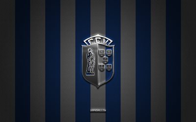 FC Vizela logo, Portuguese football club, Primeira Liga, blue white carbon background, FC Vizela emblem, football, FC Vizela, Portugal, FC Vizela silver metal logo