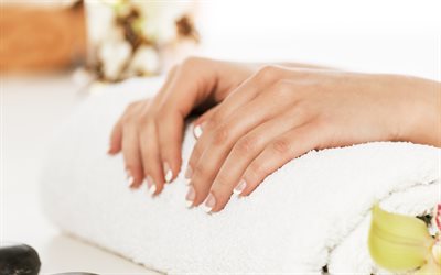 4k, manicure, beauty salon, beauty treatments, nail care, manicured hands, hands on towel, spa procedures, hand care