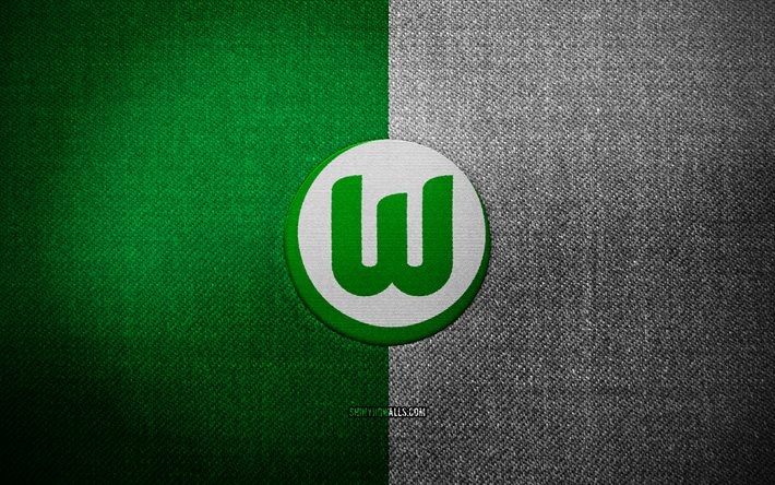 vfl wolfsburg insignia, 4k, fondo de tela blanca verde, bundesliga, vfl wolfsburg logotipo, vfl wolfsburg emblem, logotipo deportivo, club de fútbol alemán, vfl wolfsburg, fútbol, ​​fútbol, ​​wolfsburg fc