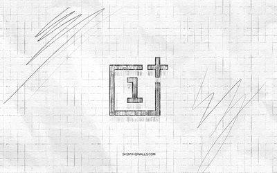 logo di schizzo oneplus, 4k, sfondo di carta a scacchi, logo nero oneplus, marchi, schizzi di logo, logo oneplus, disegno a matita, oneplus