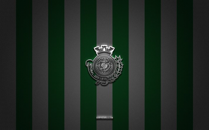 شعار vitoria setubal fc, نادي كرة القدم البرتغالي, primeira liga, خلفية الكربون الأبيض الخضراء, vitoria setubal fc emblem, كرة القدم, vitoria setubal fc, البرتغال, vitoria setubal fc silver metal logo