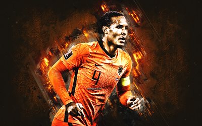 virgil van dijk, squadra nazionale di calcio olandese, giocatore di football olandese, sfondo di pietra arancione, calcio, paesi bassi