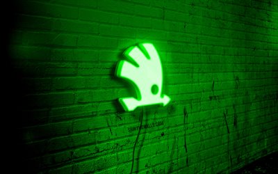 Skoda neon logo, 4k, green brickwall, grunge art, creative, cars brands, logo on wire, Skoda green logo, Skoda logo, artwork, Skoda