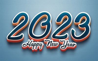 Happy New Year 2023, 4k, blue paper background, blue 3D digits, 2023 concepts, 2023 Happy New Year, 3D art, creative, 2023 blue background, 2023 year, 2023 3D digits