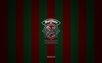 CS Maritimo logo, Portuguese football club, Primeira Liga, green red carbon background, CS Maritimo emblem, football, CS Maritimo, Portugal, CS Maritimo silver metal logo