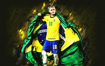 Richarlison, Brazil national football team, brazilian footballer, yellow stone background, Brazil flag, football, Brazil, Richarlison de Andrade