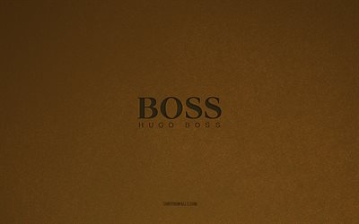 logo di hugo boss, 4k, loghi dei produttori, emblema di hugo boss, trama della pietra marrone, boss hugo, marchi popolari, cartello di hugo boss, sfondo di pietra marrone
