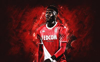 Benoit Badiashile, AS Monaco, French football player, red stone background, portrait, France, Ligue 1, football