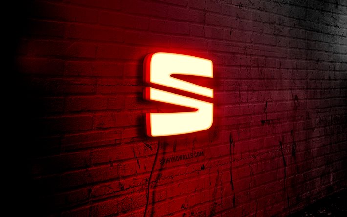 Seat neon logo, 4k, red brickwall, grunge art, creative, cars brands, logo on wire, Seat red logo, Seat logo, artwork, Seat