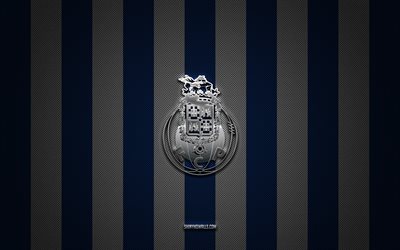 FC Porto logo, Portuguese football club, Primeira Liga, blue white carbon background, FC Porto emblem, football, FC Porto, Portugal, FC Porto silver metal logo